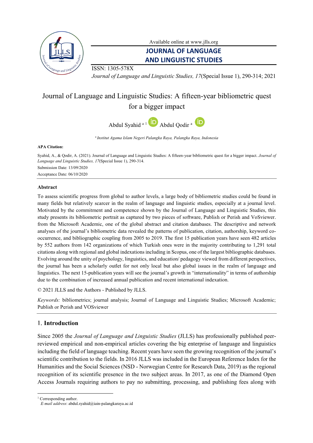 Journal of Language and Linguistic Studies: a Fifteen-Year Bibliometric Quest for a Bigger Impact
