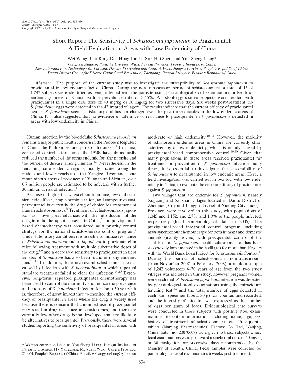 The Sensitivity of Schistosoma Japonicum to Praziquantel: a Field Evaluation in Areas with Low Endemicity of China