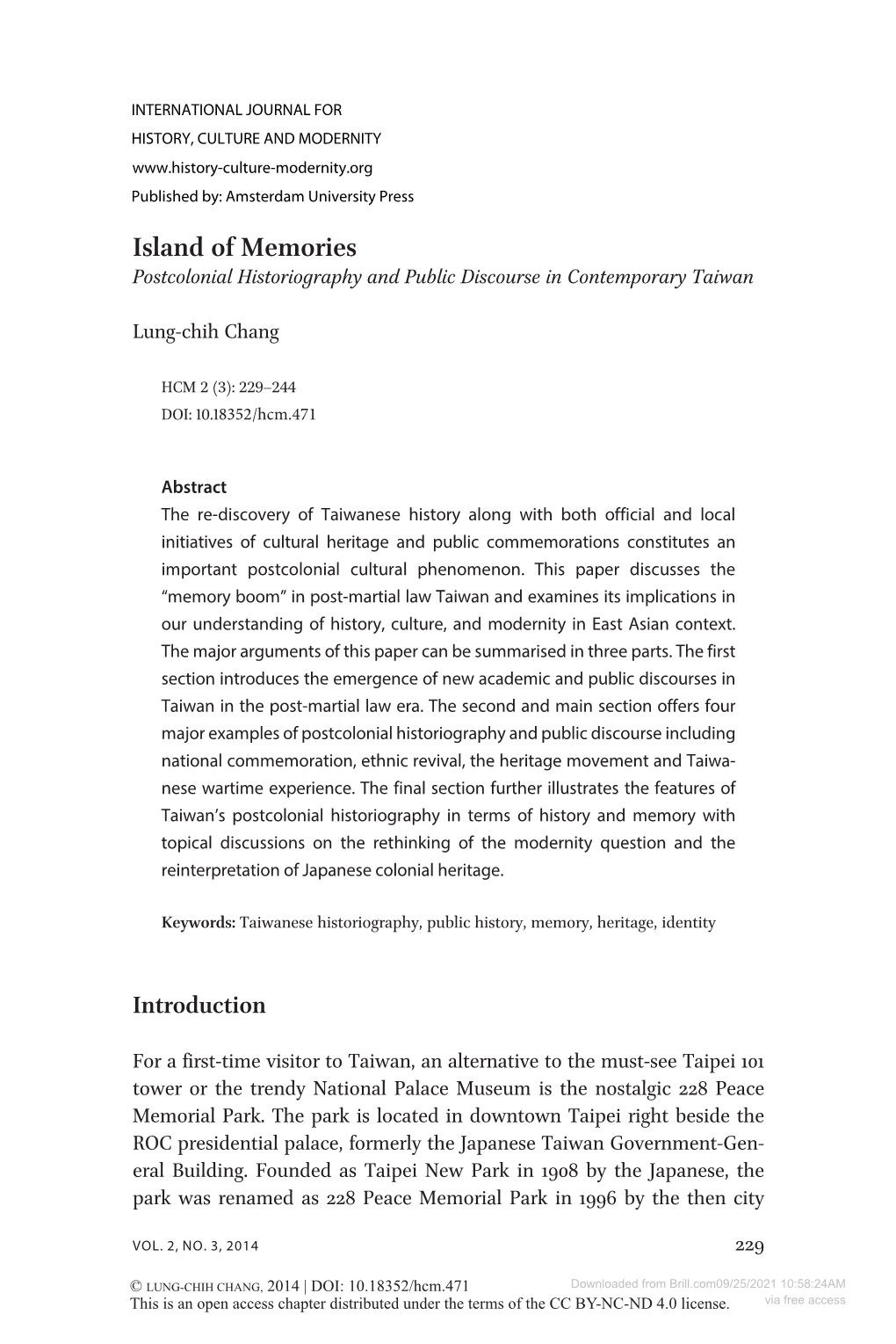 Island of Memories Postcolonial Historiography and Public Discourse in Contemporary Taiwan