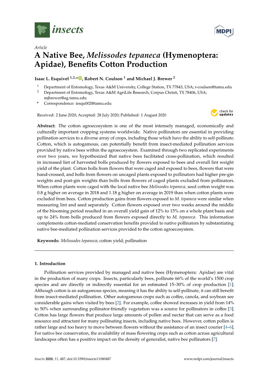 A Native Bee, Melissodes Tepaneca (Hymenoptera: Apidae), Beneﬁts Cotton Production