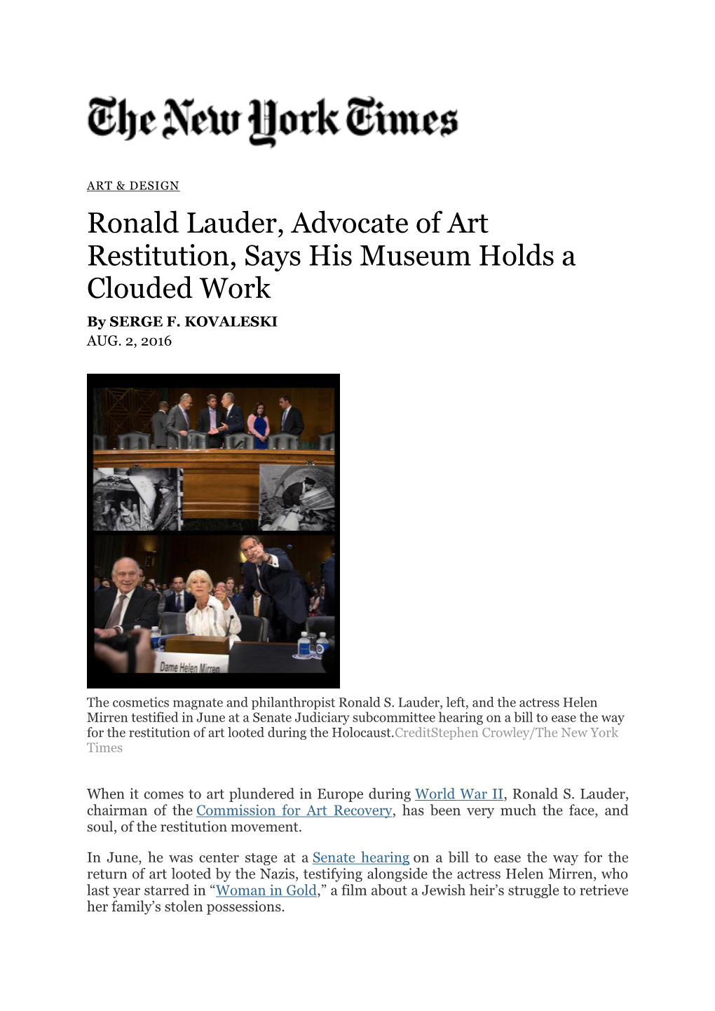 Ronald Lauder, Advocate of Art Restitution, Says His Museum Holds a Clouded Work by SERGE F