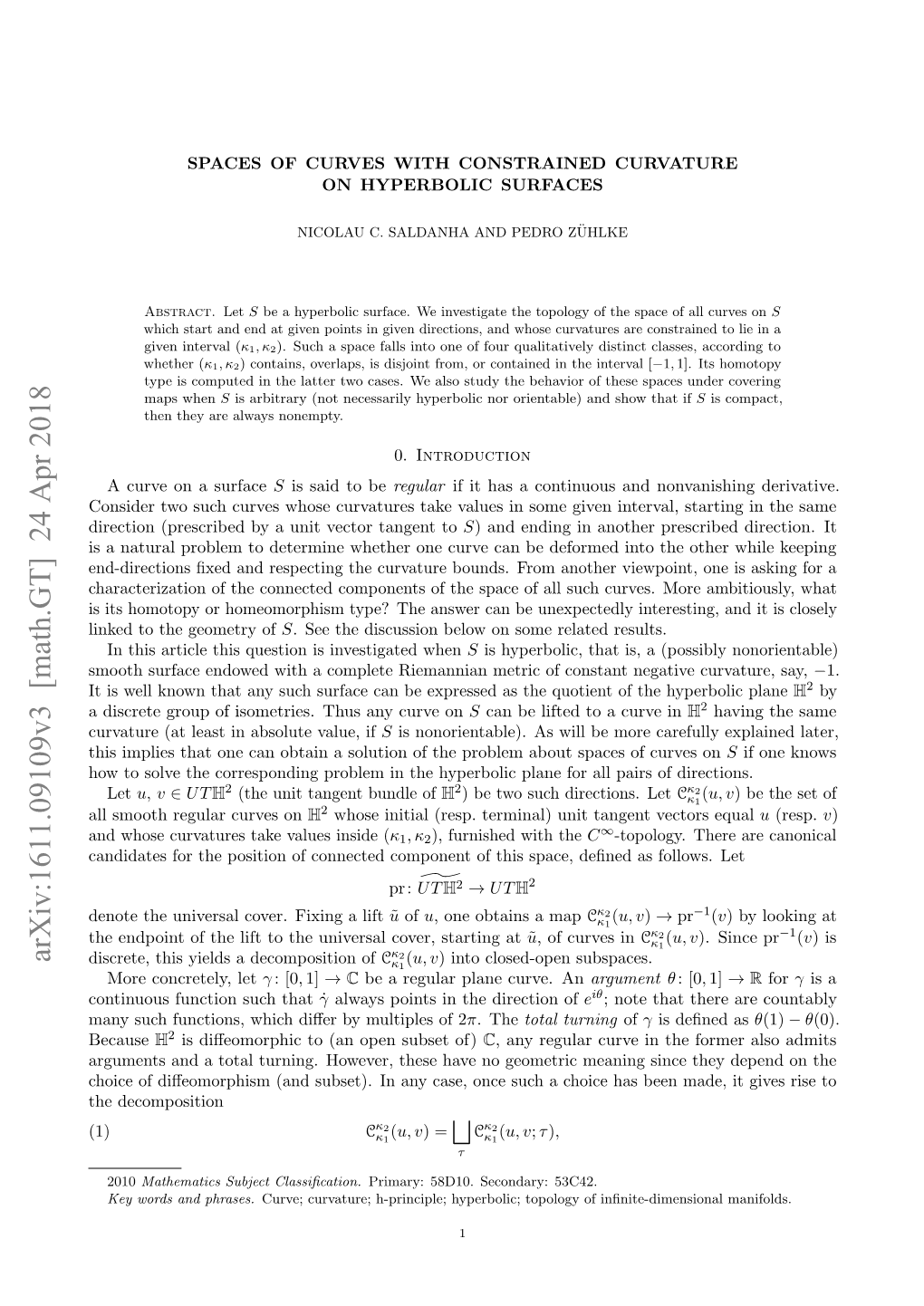 Arxiv:1611.09109V3 [Math.GT] 24 Apr 2018 Discrete, This Yields a Decomposition of Cκ1 (U, V) Into Closed-Open Subspaces