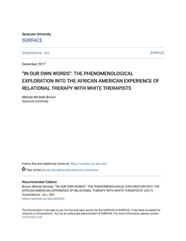 “In Our Own Words”: the Phenomenological Exploration Into the African American Experience of Relational Therapy with White Therapists