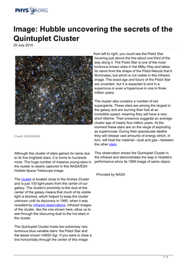 Hubble Uncovering the Secrets of the Quintuplet Cluster 20 July 2015