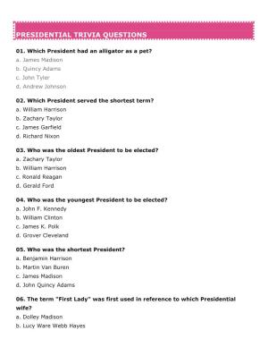 Presidential Trivia Questions