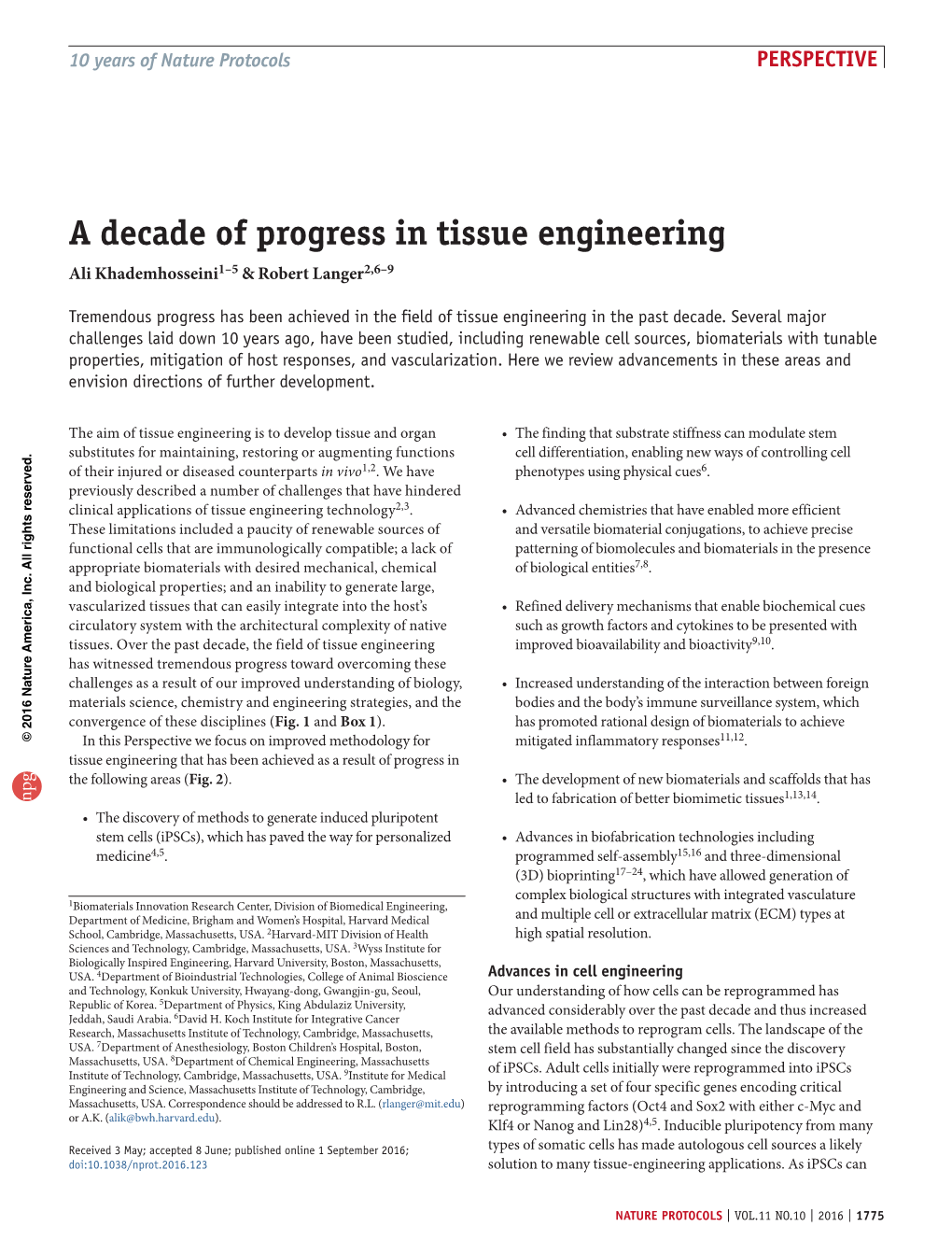 A Decade of Progress in Tissue Engineering Ali Khademhosseini1–5 & Robert Langer2,6–9