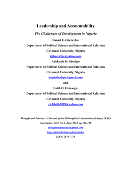 D E Gberevbie, AO Shodipo and FO Oviasogie Leadership and Accountability, the Challenges of Development in Nigeria Pp121-140
