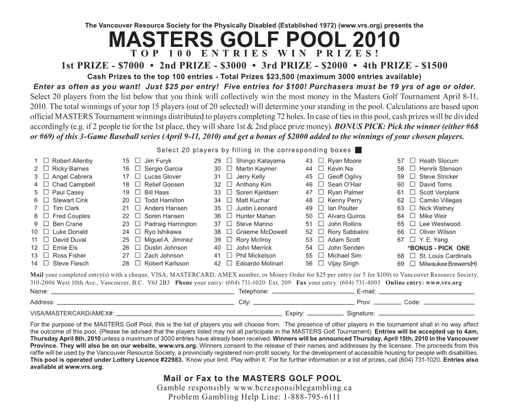 Masters Golf Pool 2010