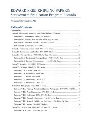 EDWARD FRED KNIPLING PAPERS: Screwworm Eradication Program Records