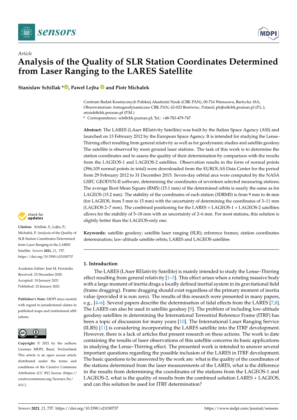 Analysis of the Quality of SLR Station Coordinates Determined from Laser Ranging to the LARES Satellite