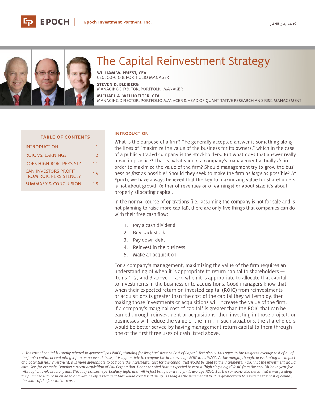 The Capital Reinvestment Strategy William W