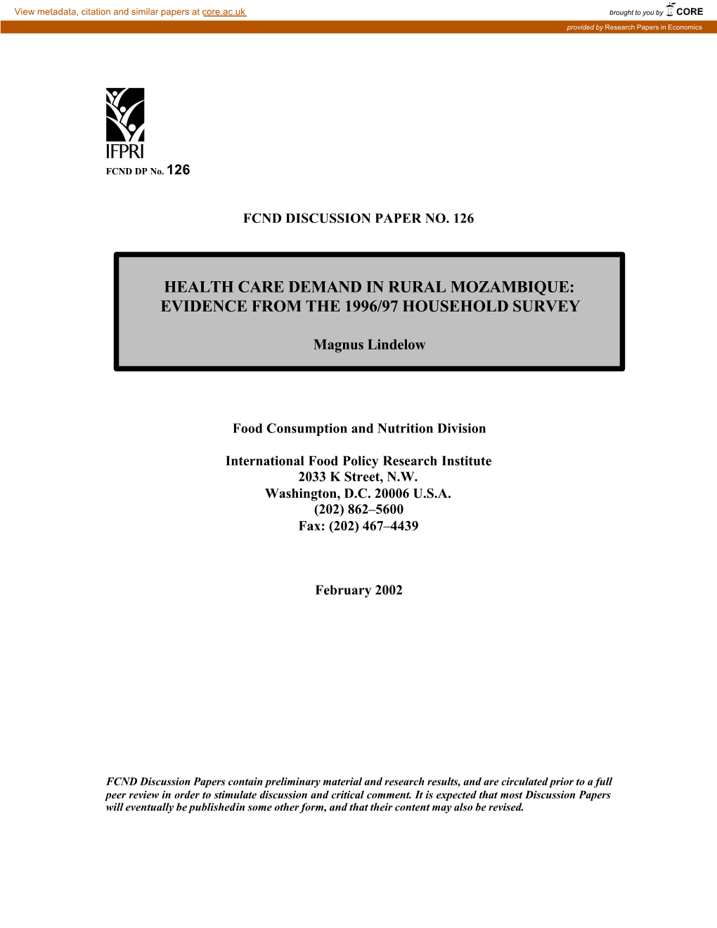 Health Care Demand in Rural Mozambique: Evidence from the 1996/97 Household Survey