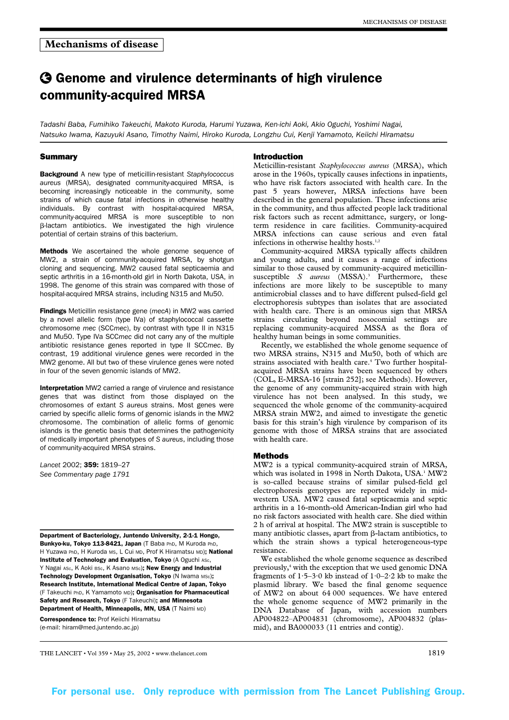 Genome and Virulence Determinants of High Virulence Community-Acquired MRSA