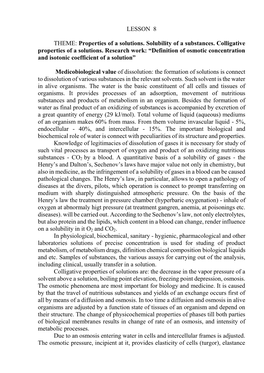 LESSON 8 THEME: Properties of a Solutions. Solubility of a Substances