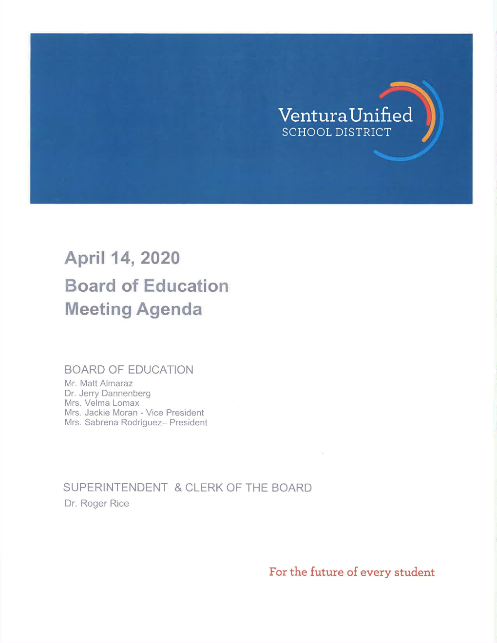 Apri I 14, 2020 Board of Education Meeting Agenda