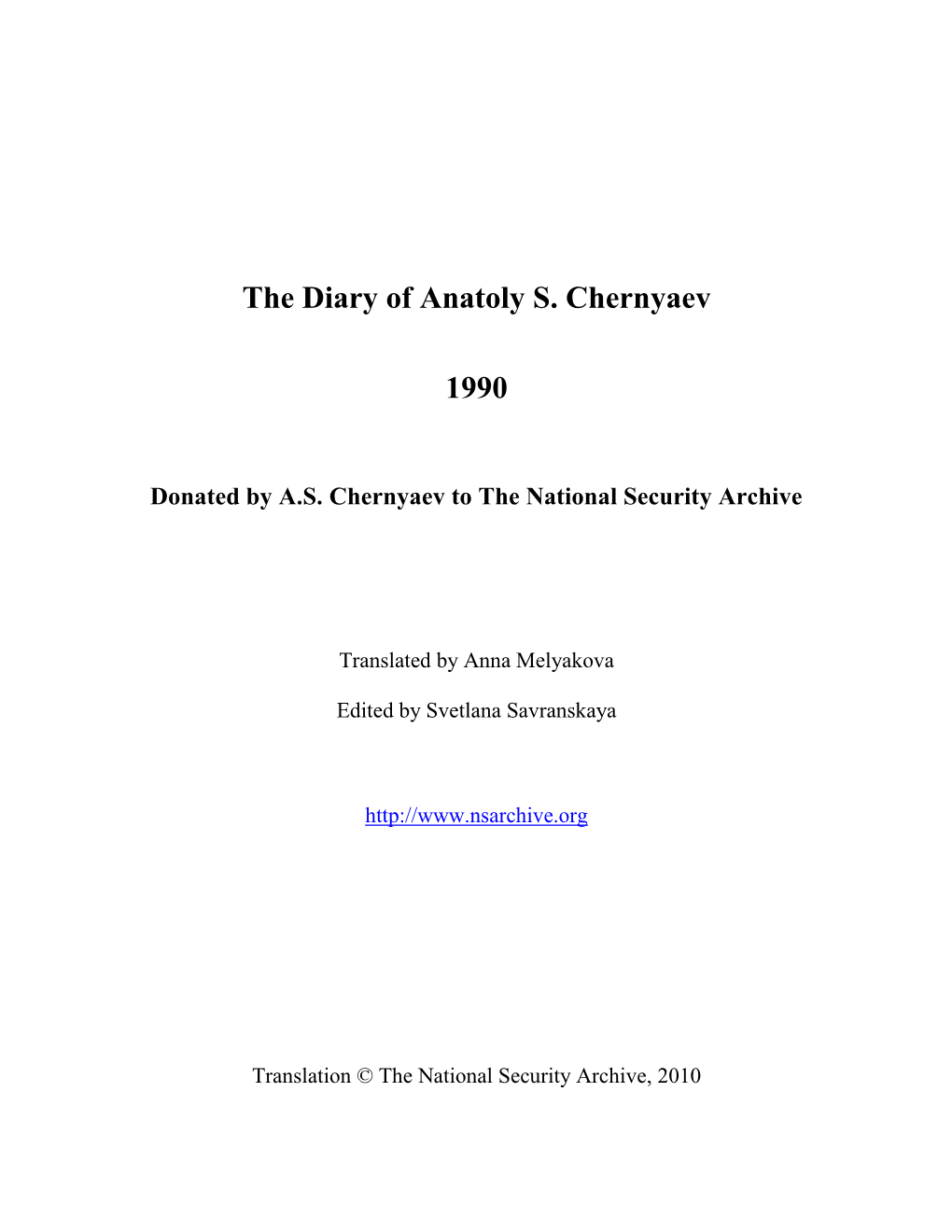 The Diary of Anatoly S. Chernyaev 1990