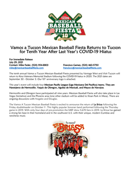 Vamos a Tucson Mexican Baseball Fiesta Returns to Tucson for Tenth Year After Last Year’S COVID-19 Hiatus