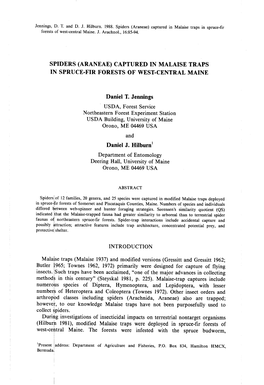 (Araneae) Captured in Malaise Trap S in Spruce-Fir Forests of West-Central Main E