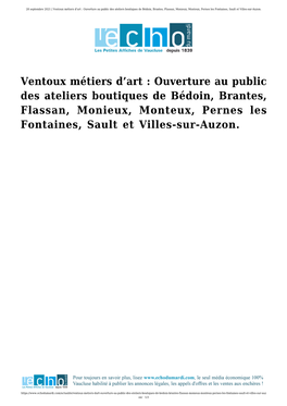 Ventoux Métiers D'art : Ouverture Au Public Des Ateliers Boutiques De Bédoin, Brantes, Flassan, Monieux, Monteux, Pernes Le