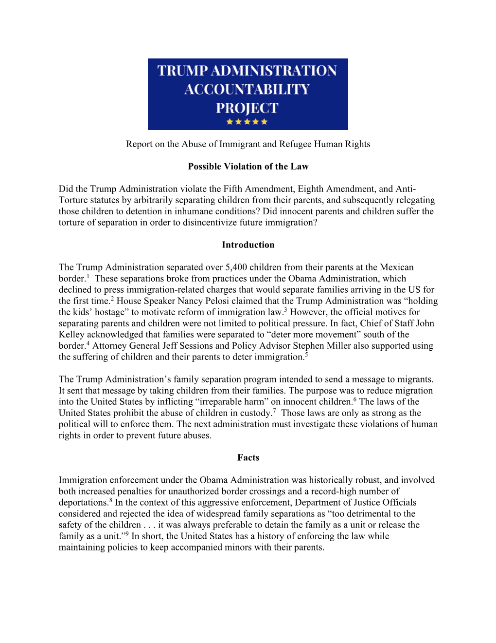 Report on the Abuse of Immigrant and Refugee Human Rights Possible Violation of the Law Did the Trump Administration Violate