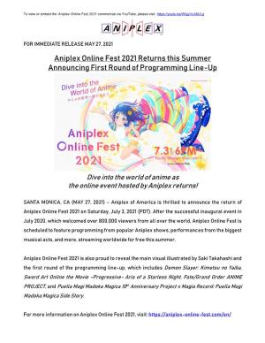 Aniplex Online Fest 2021 Returns This Summer Announcing First Round of Programming Line-Up