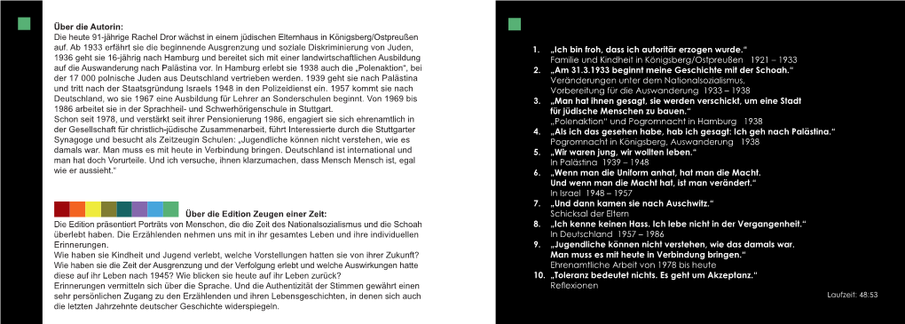 Über Die Autorin: Die Heute 91-Jährige Rachel Dror Wächst in Einem Jüdischen Elternhaus in Königsberg/Ostpreußen Auf. Ab 1