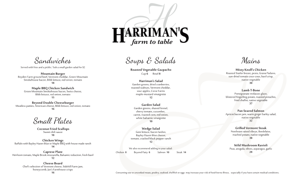 Harrimans Menu Summer 2021