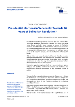 Presidential Elections in Venezuela: Towards 20 Years of Bolivarian Revolution?