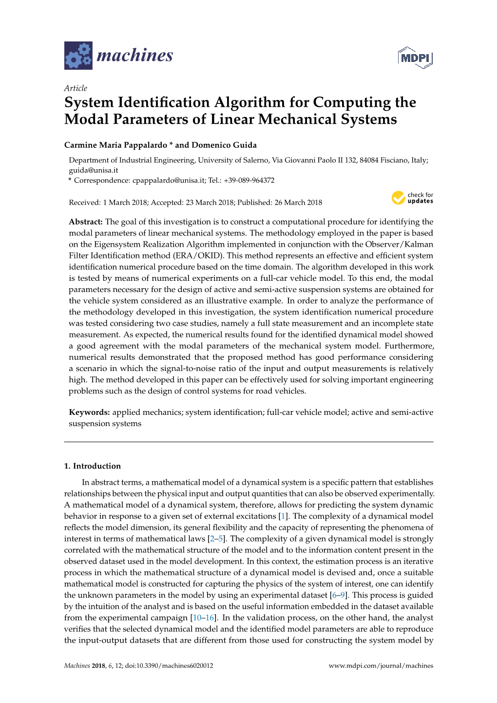 System Identification Algorithm for Computing the Modal Parameters