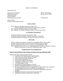 JOHN J. CONTRENI September 2011 Department of History 504 W. Fifth