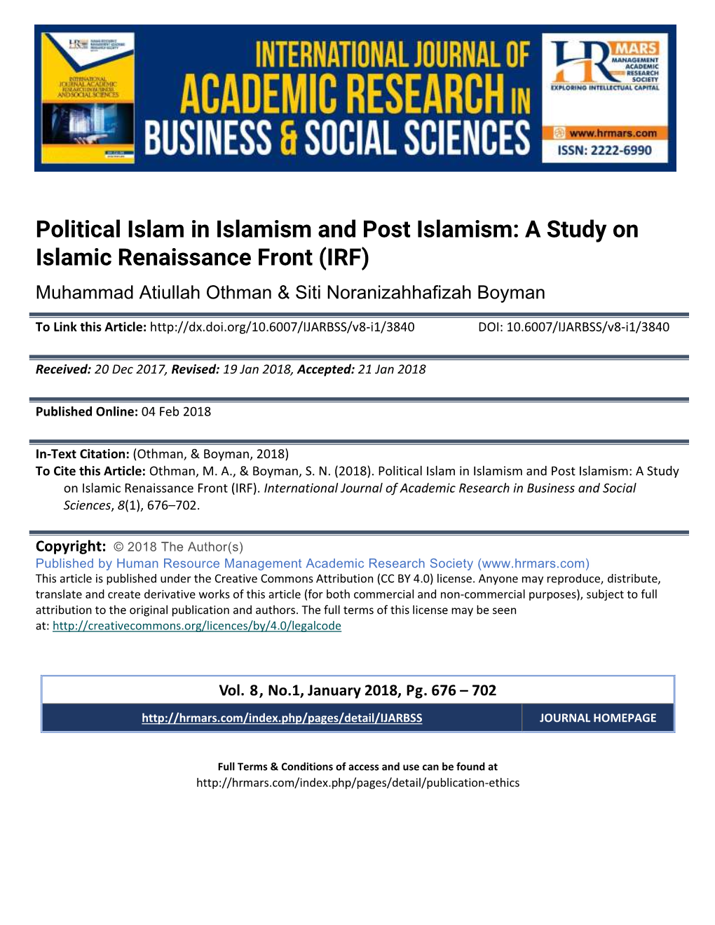 Political Islam in Islamism and Post Islamism: a Study on Islamic Renaissance Front (IRF)