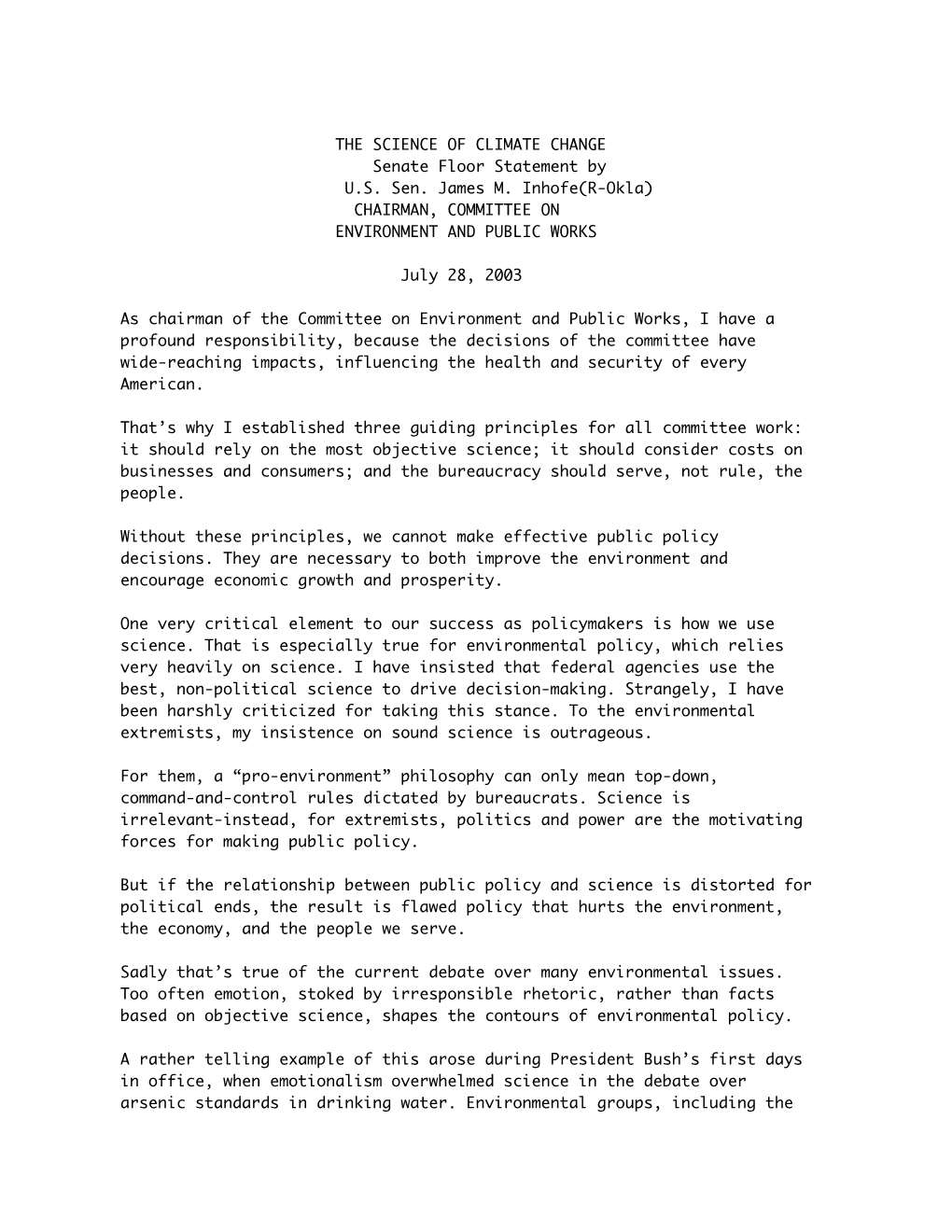 THE SCIENCE of CLIMATE CHANGE Senate Floor Statement by U.S