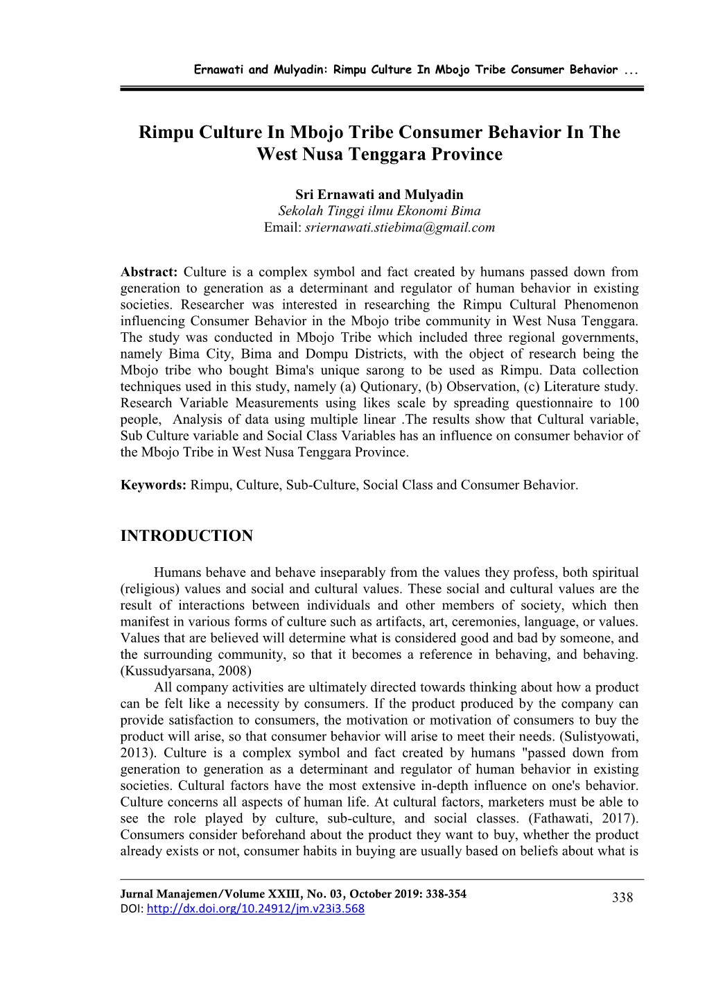 Rimpu Culture in Mbojo Tribe Consumer Behavior in the West Nusa Tenggara Province