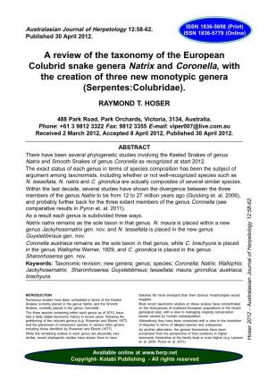 A Review of the Taxonomy of the European Colubrid Snake Genera Natrix and Coronella, with the Creation of Three New Monotypic Genera (Serpentes:Colubridae)