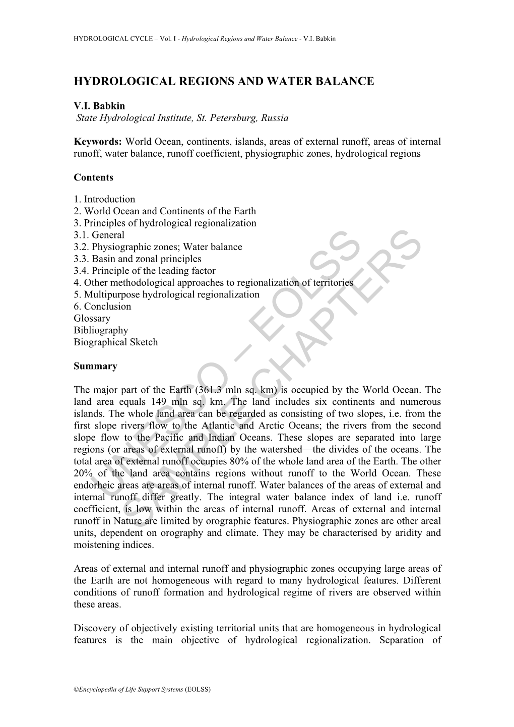 Hydrological Regions and Water Balance - V.I