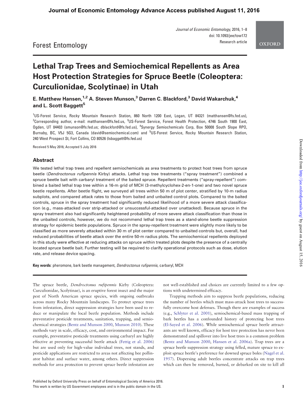 Lethal Trap Trees and Semiochemical Repellents As Area Host Protection Strategies for Spruce Beetle (Coleoptera: Curculionidae, Scolytinae) in Utah