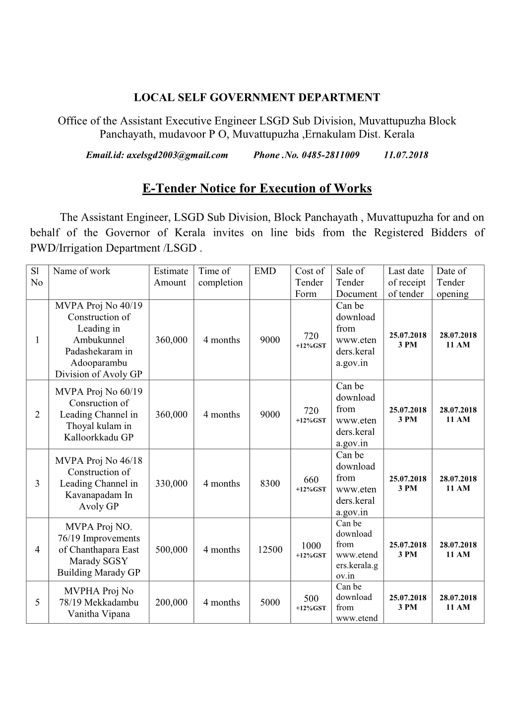 E-Tender Notice for Execution of Works