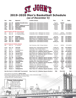 2019-2020 Men's Basketball Schedule