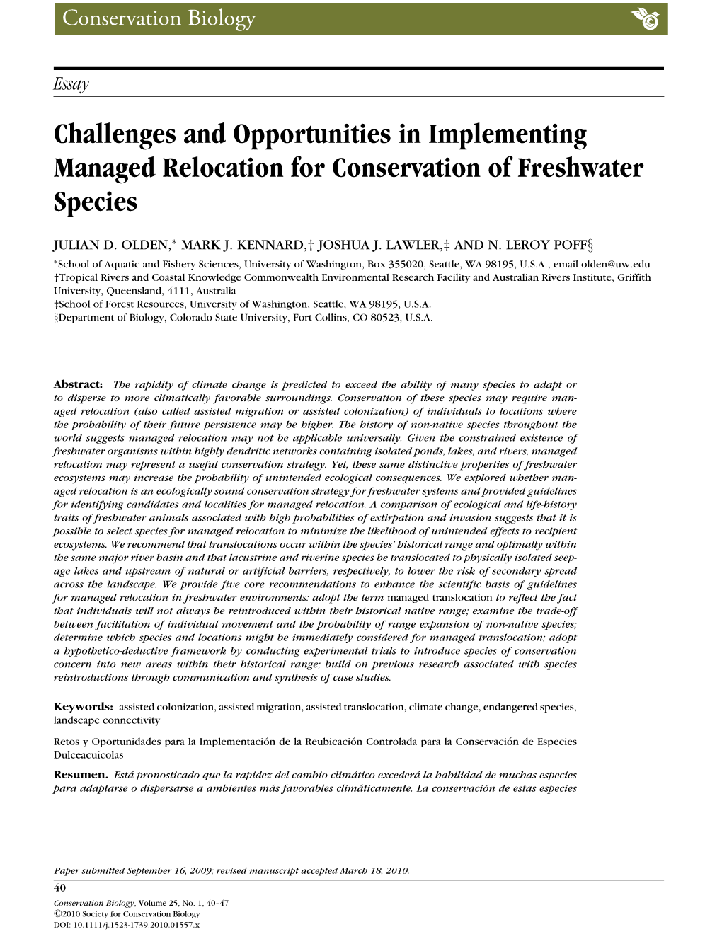 Challenges and Opportunities in Implementing Managed Relocation for Conservation of Freshwater Species