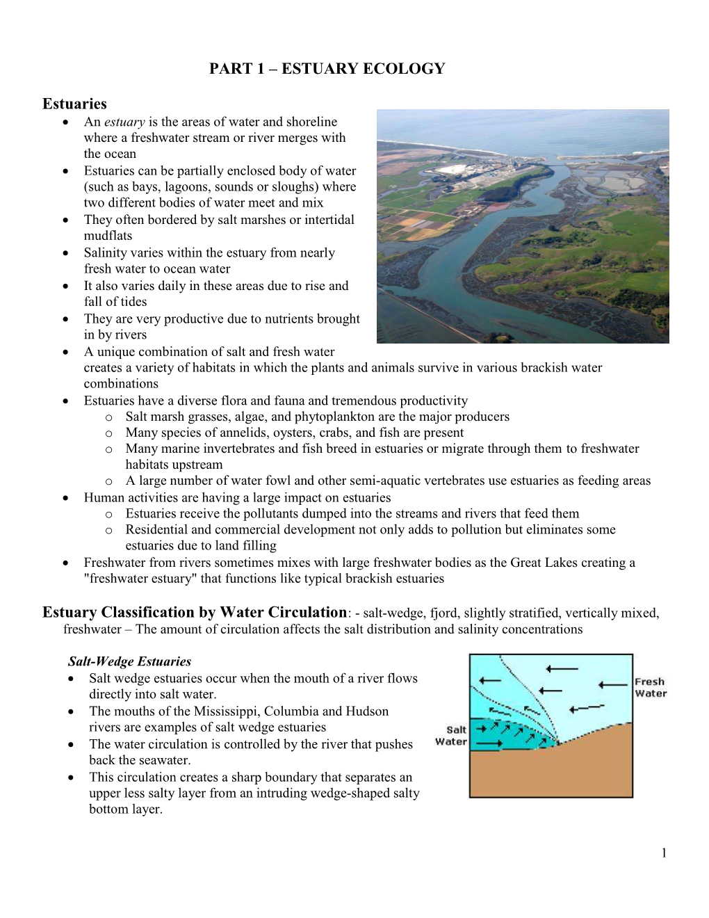 PART 1 – ESTUARY ECOLOGY Estuaries