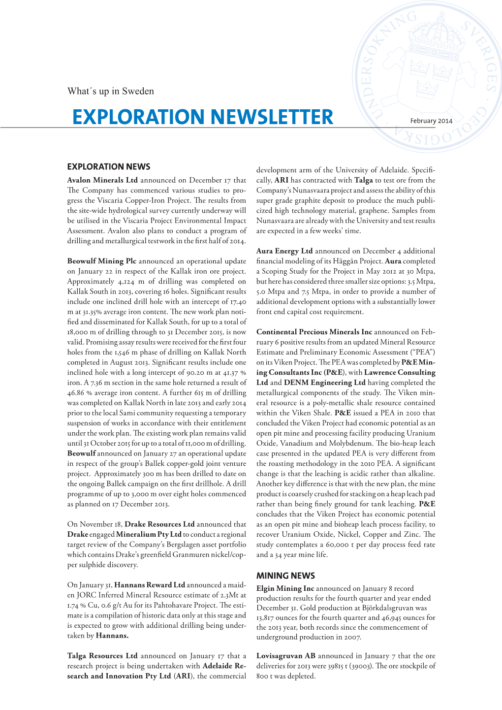 EXPLORATION NEWSLETTER February 2014