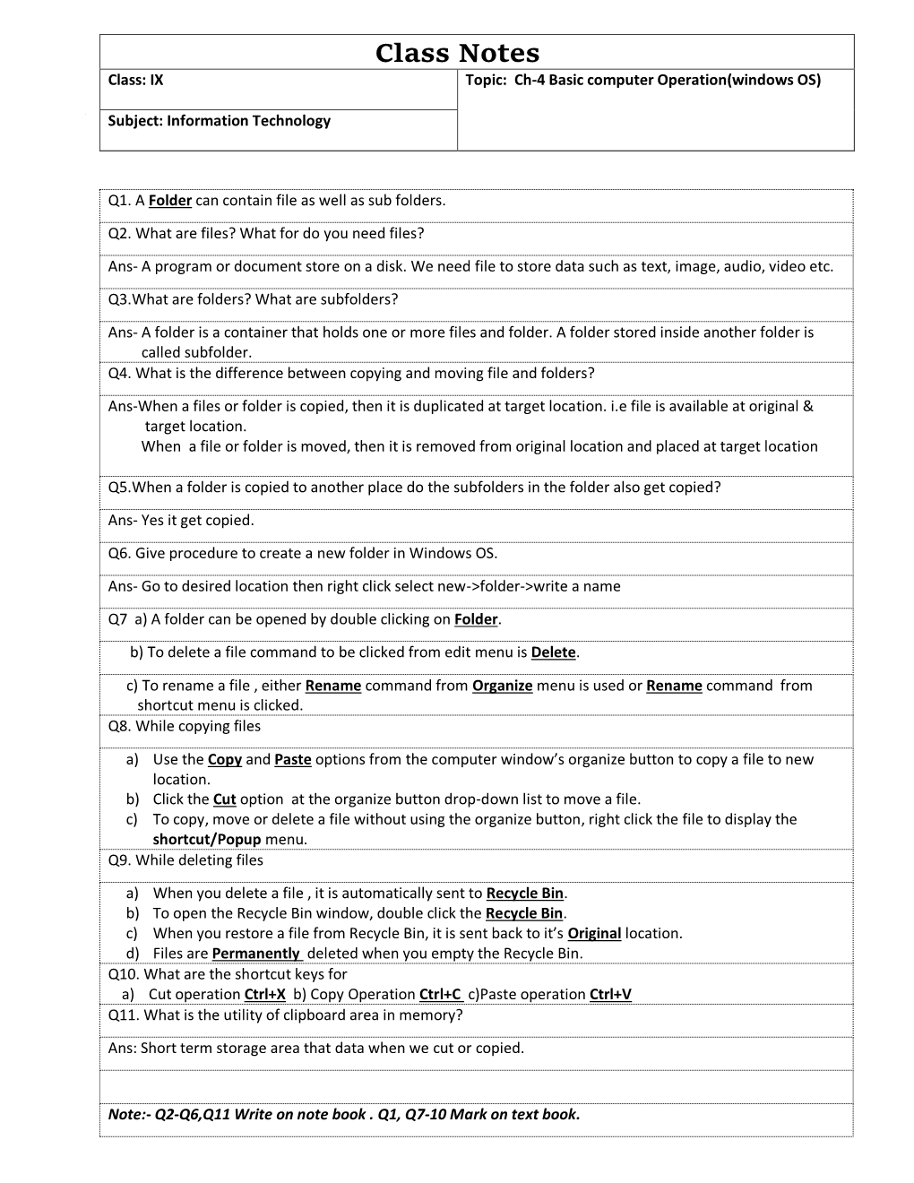 Class Notes Class: IX Topic: Ch-4 Basic Computer Operation(Windows OS)