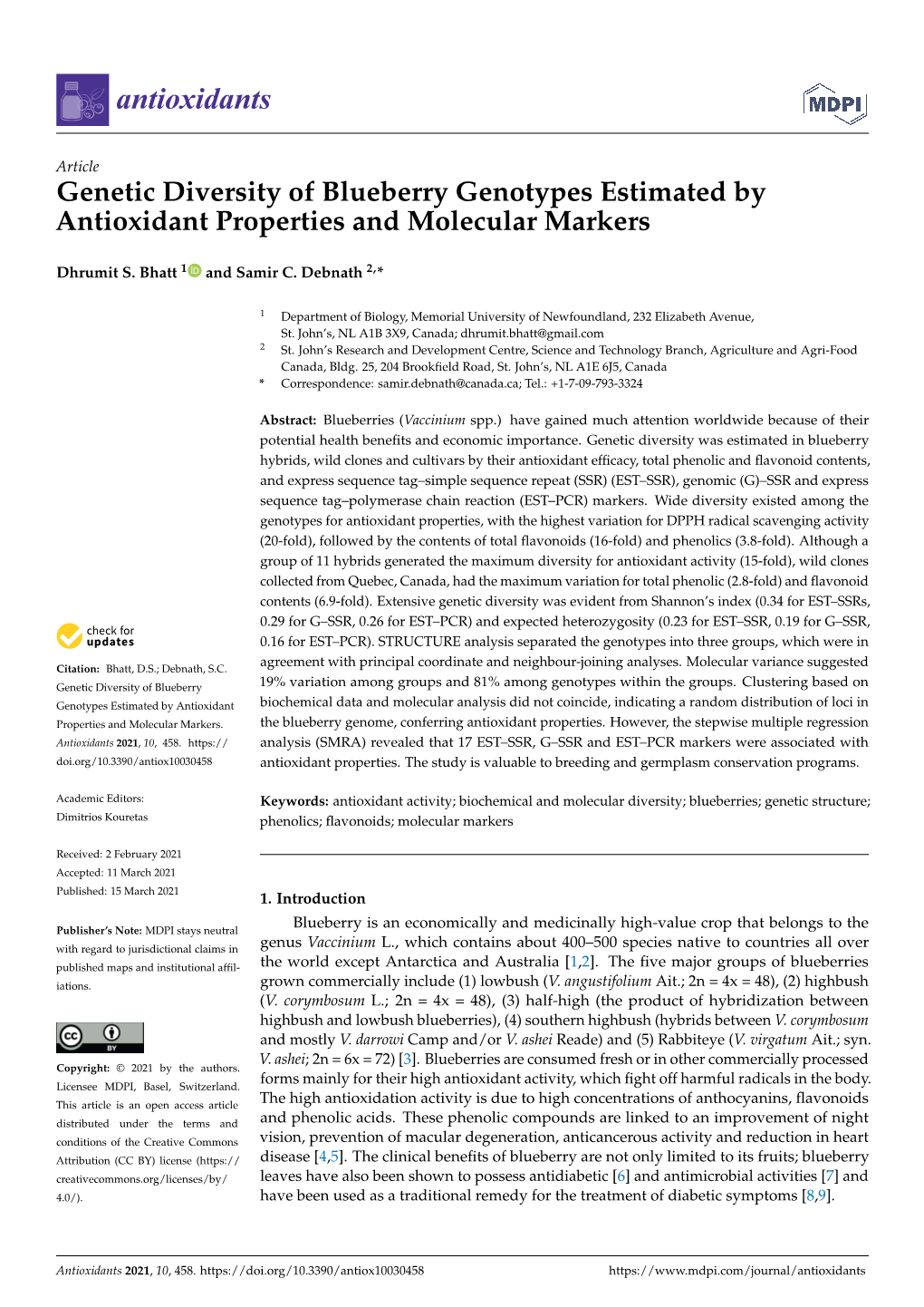 Genetic Diversity of Blueberry Genotypes Estimated by Antioxidant Properties and Molecular Markers