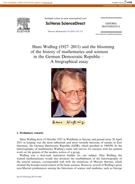 Hans Wußing (1927–2011) and the Blooming of the History of Mathematics and Sciences in the German Democratic Republic – a Biographical Essay