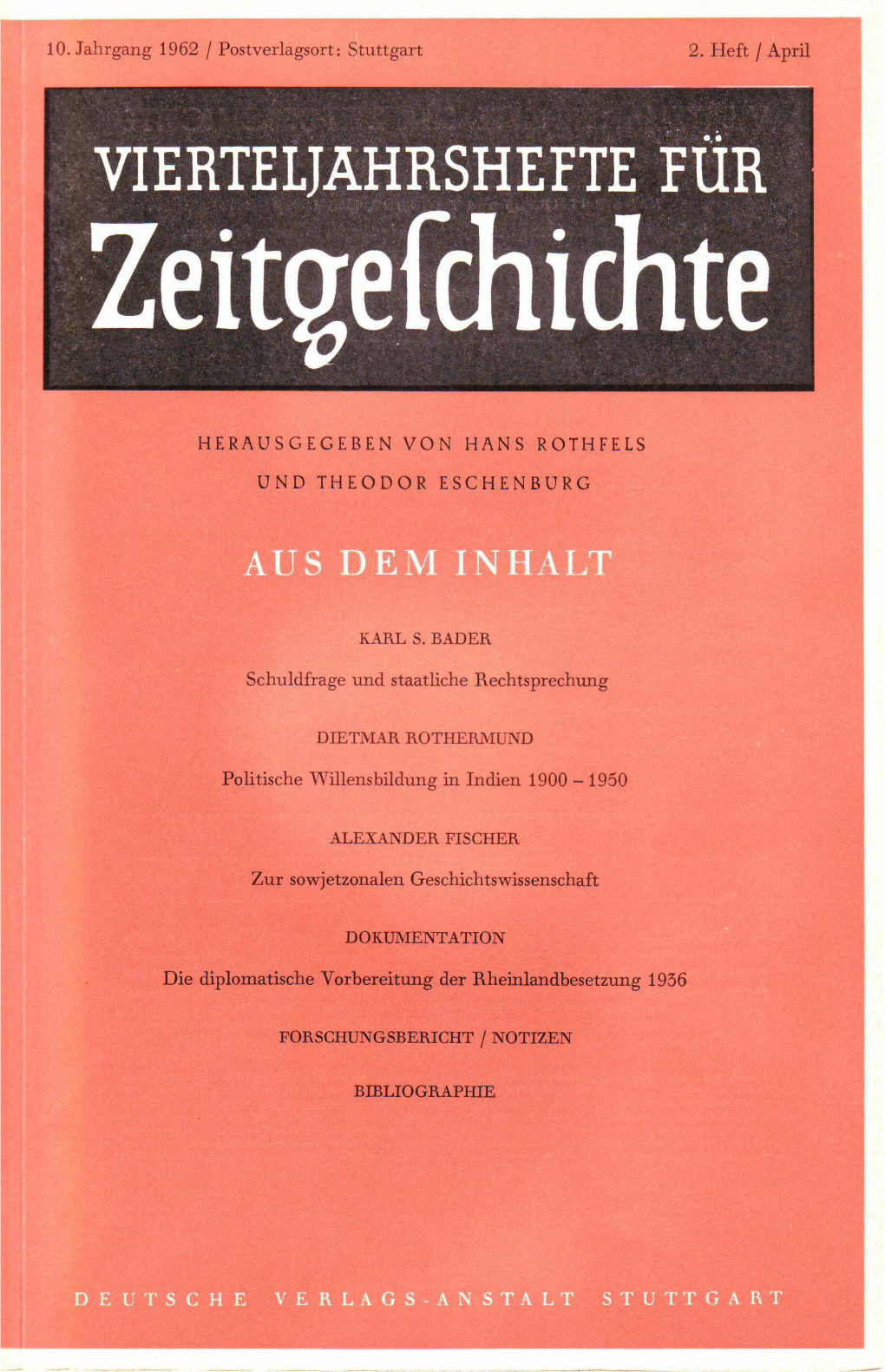 Vierteljahrshefte Für Zeitgeschichte Jahrgang 10(1962) Heft 2