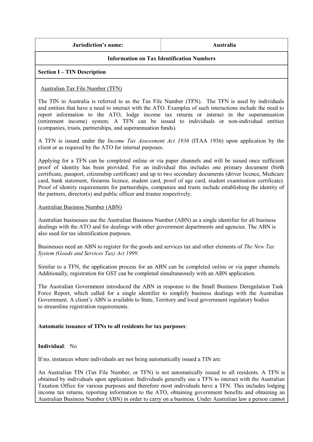 Australia Information on Tax Identification Numbers Section I – TIN Description Australian Tax File Nu