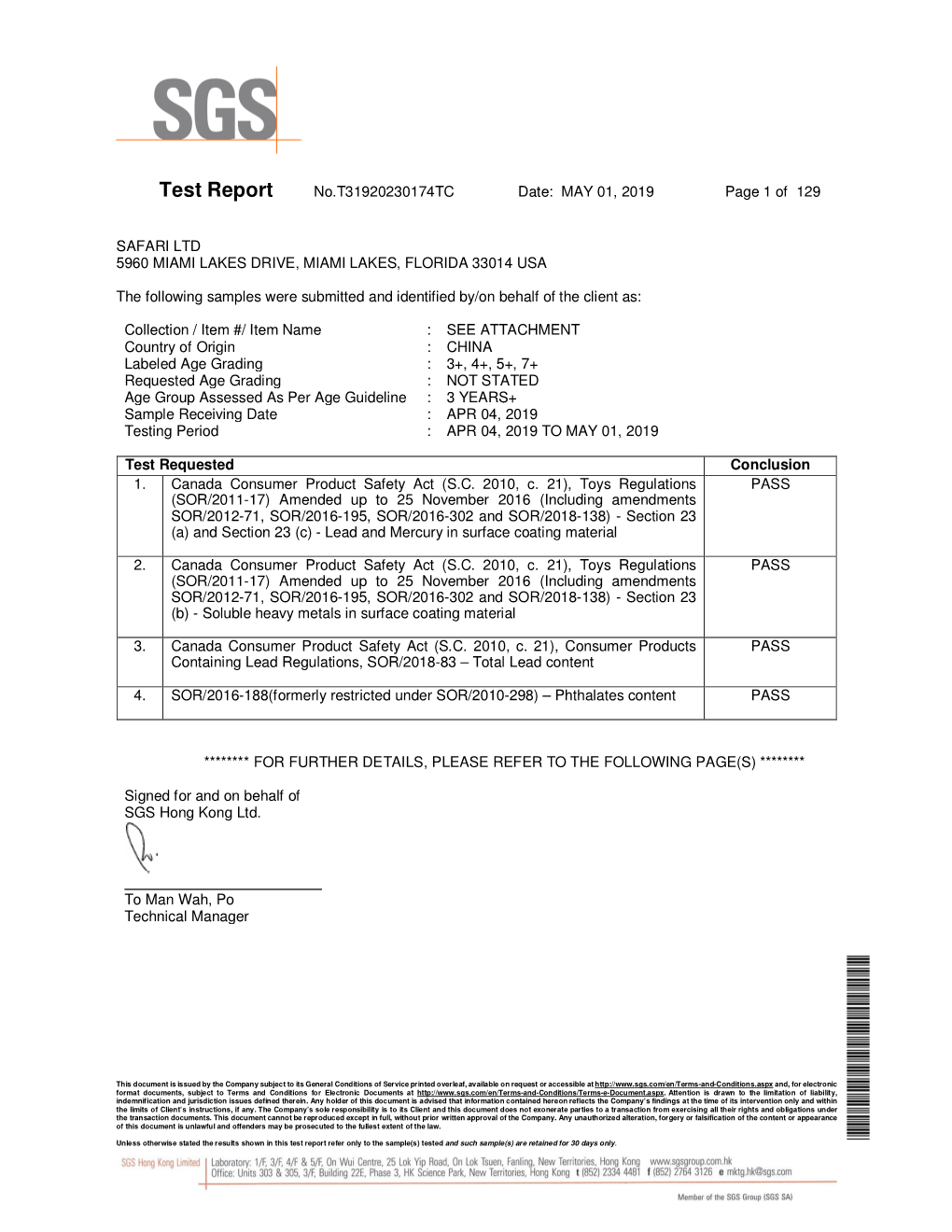 Test Report No.T31920230174TC Date: MAY 01, 2019 Page 1 of 129