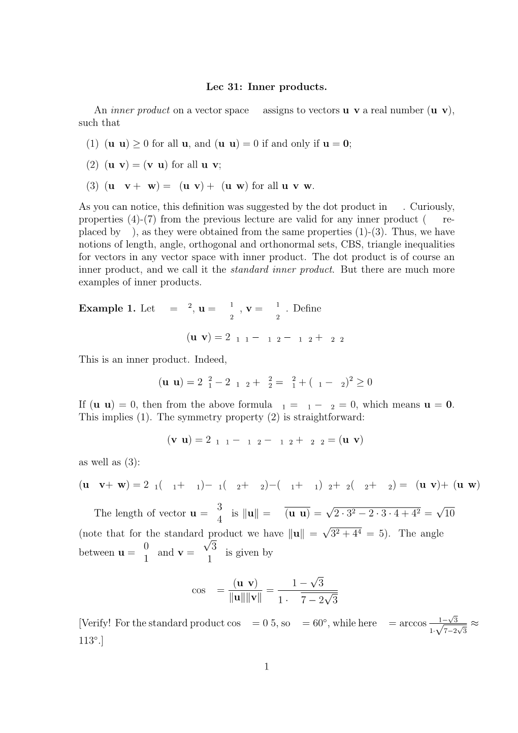 Lec 31: Inner Products. an Inner Product on a Vector Space V