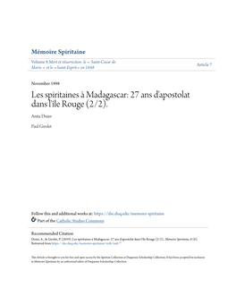 Les Spiritaines À Madagascar: 27 Ans D'apostolat Dans L'île Rouge (2/2)