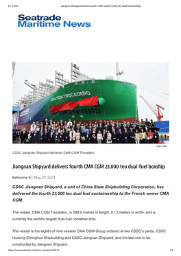 Jiangnan Shipyard Delivers Fourth CMA CGM 23,000 Teu Dual-Fuel Boxship